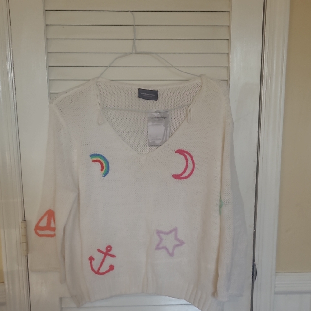 Wooden Ships White V-Neck Sweater with Colorful Nautical Motifs..lightweight ..